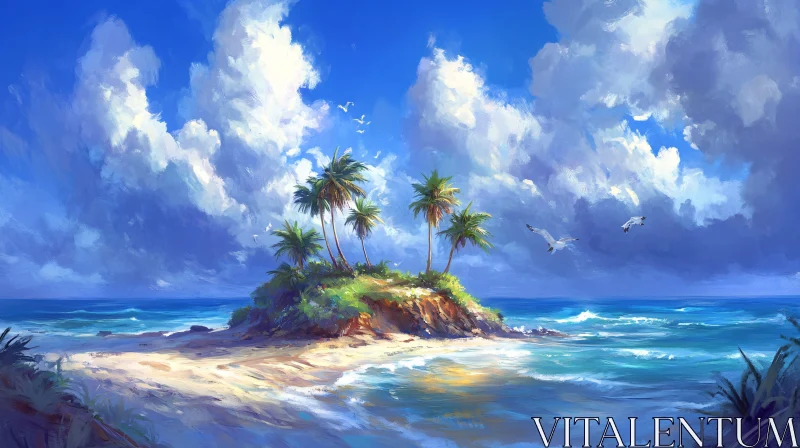 AI ART Tropical Paradise Island with Palm Trees and Seagulls