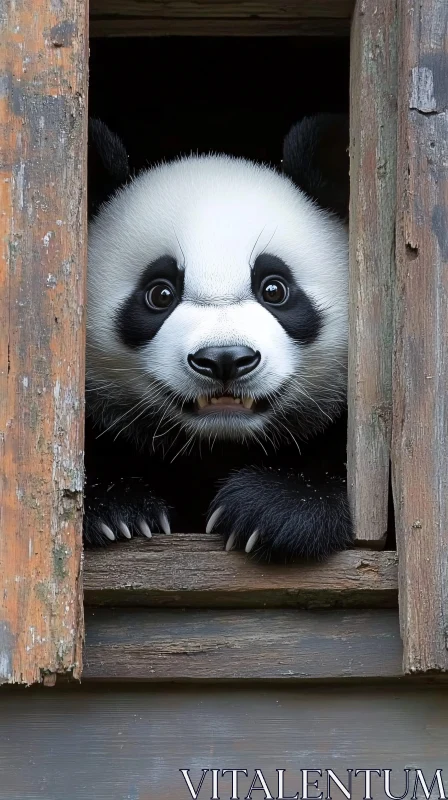 Adorable Panda Through Rustic Window AI Image