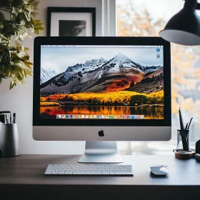 Stylish Desk Setup with Scenic Mountain Background on Computer