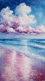 Serene Ocean Scene with Pink-Hued Shoreline