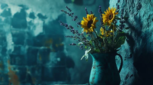 Vintage Vase with Sunflowers and Lavender