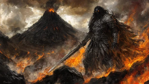 Fiery Warrior with Volcano Backdrop