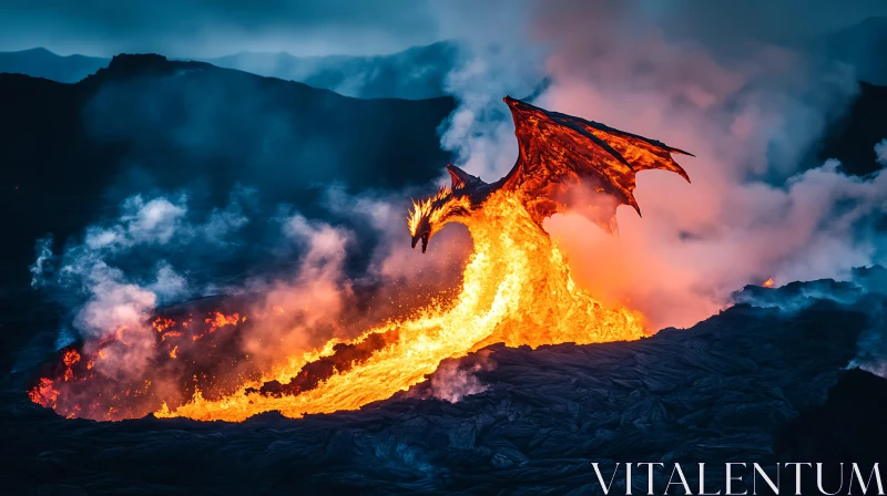 AI ART Lava Dragon Emerges from Volcano