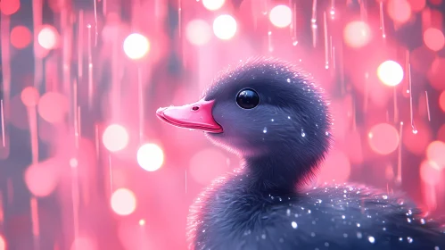 Dreamlike Duckling in the Rain