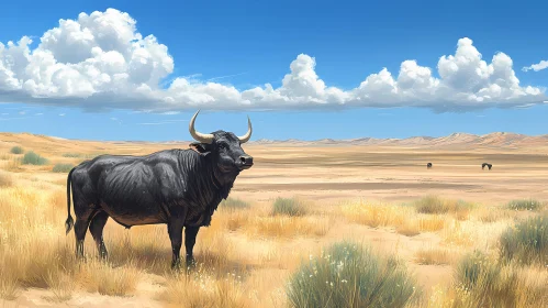 Black Bull in Desert Scene