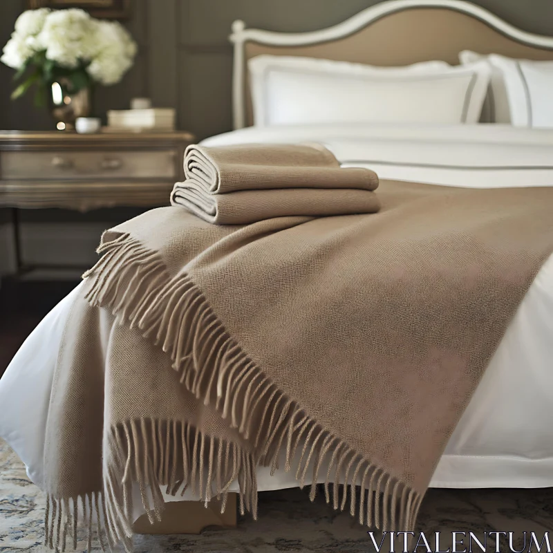 Comfortable Bedroom Decor with Tan Blanket AI Image