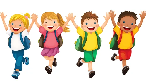 Happy Children with Backpacks Cartoon