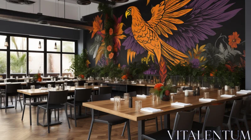 Botanical Avian-Themed Mural in Restaurant Interior AI Image
