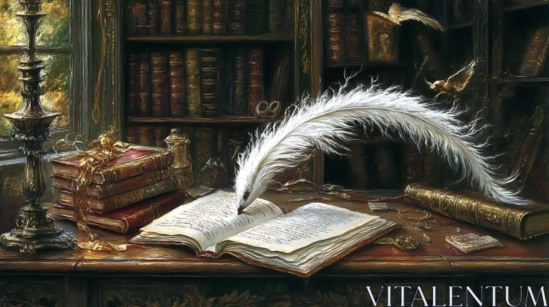 Feather Quill on Antique Book Still Life AI Image