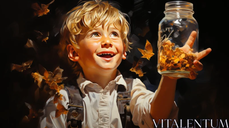 Captivating Realistic Portrait of a Boy with a Jar of Butterflies AI Image