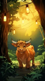 Cartoonish Bull in a Forest Pathway - Manga Inspired Illustration