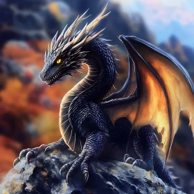 Dragon Perched on Rock with Amber Wings