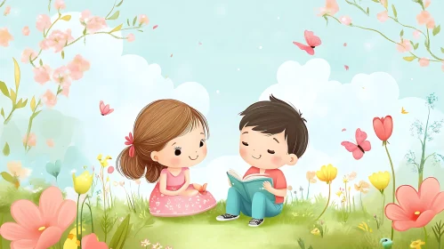 Kids Reading Book in Flower Field