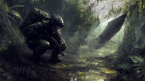 Camouflaged Soldier in Post-Apocalyptic Jungle