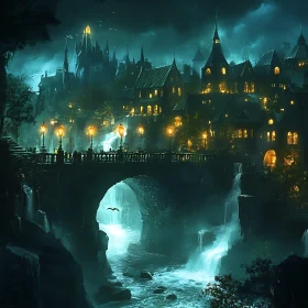 Nighttime City Scene with Stone Bridge