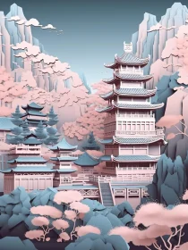 Serene Pagodas and Mountains Art