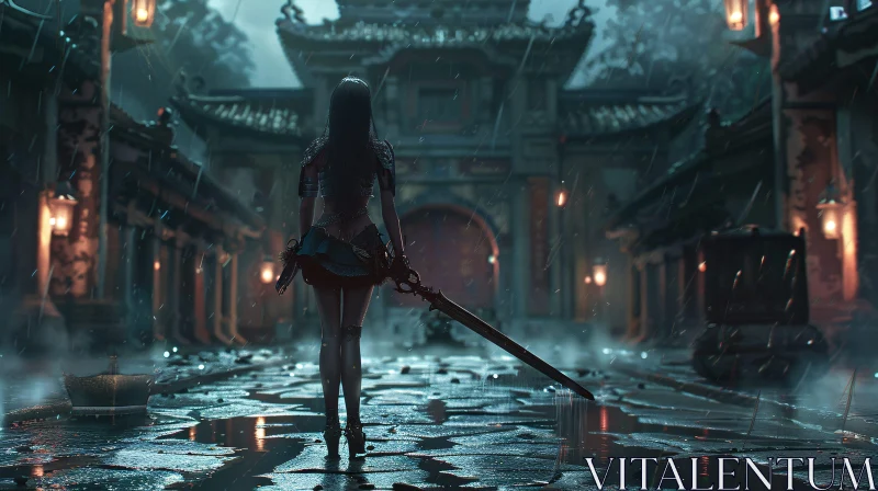 AI ART Rainy Day Warrior with Sword