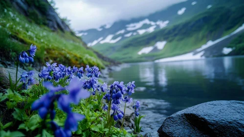 Snow-capped Mountain Lake With Blue Flowers