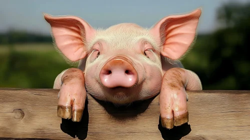Cute Piglet Lounging on a Farm Fence