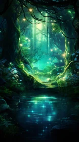 Enchanting Fairy Forest with Sparkling Water Reflections
