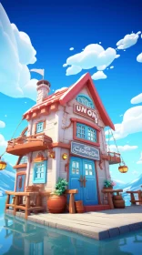 Enchanting Old Building on the Shore: A Whimsical Cartoon Set