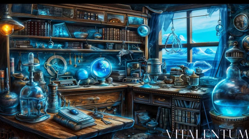 Enigmatic Wizard's Study Painting: Books, Globe, and Frozen Landscape AI Image