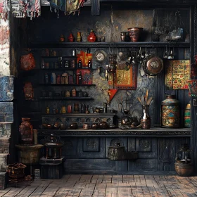 Antique Room with Shelves and Vintage Objects