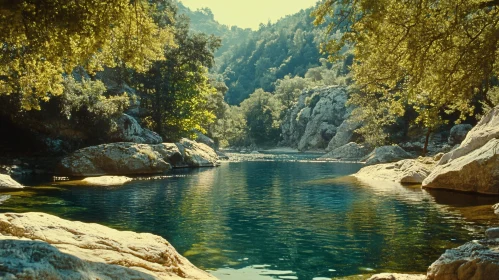 Tranquil Lake Landscape with Forest and Rocks