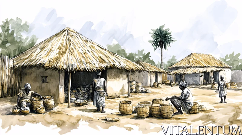 African Village Watercolor Art AI Image