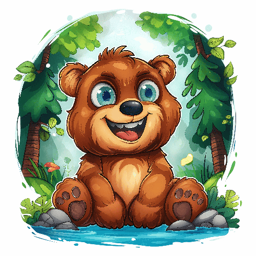 POD Design Friendly Cartoon Bear in Lush Forest - An Illustration