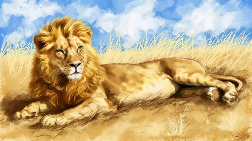 Majestic Lion in Tall Grass - Digital Painting