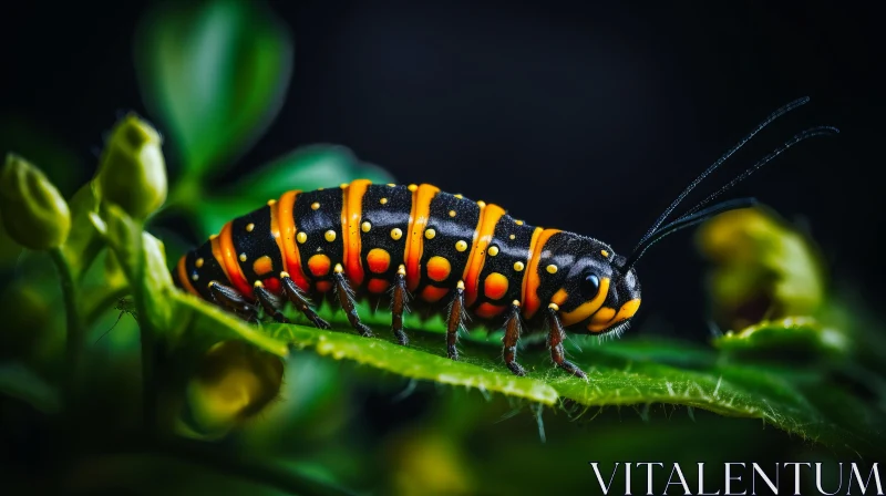 Orange and Black Striped Caterpillar on Plant: A Macro Nature Capture AI Image