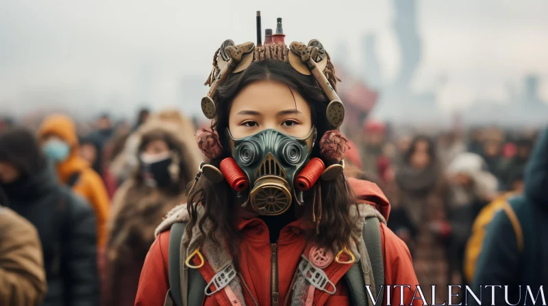 Post-Apocalyptic Metropolis: The Masked Woman Amid Chinese New Year Festivities AI Image