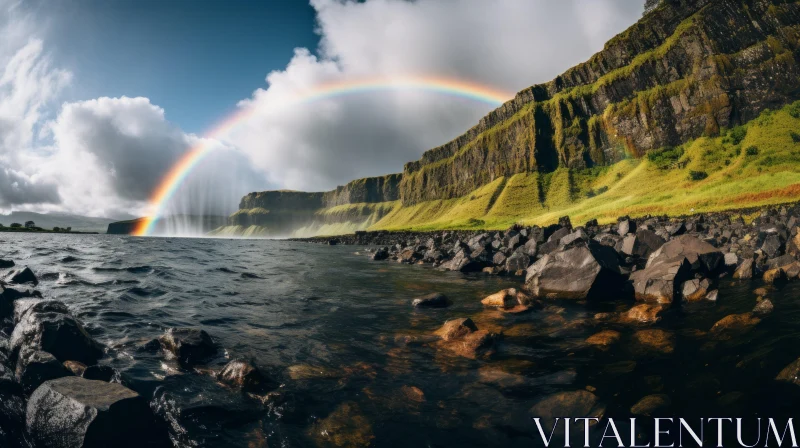 Rainbow Over Cliff by the Shore | Panoramic Nature Wonders AI Image