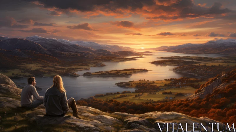 Romantic Couple Overlooking Loch at Sunset: Fantasy Art Landscape AI Image