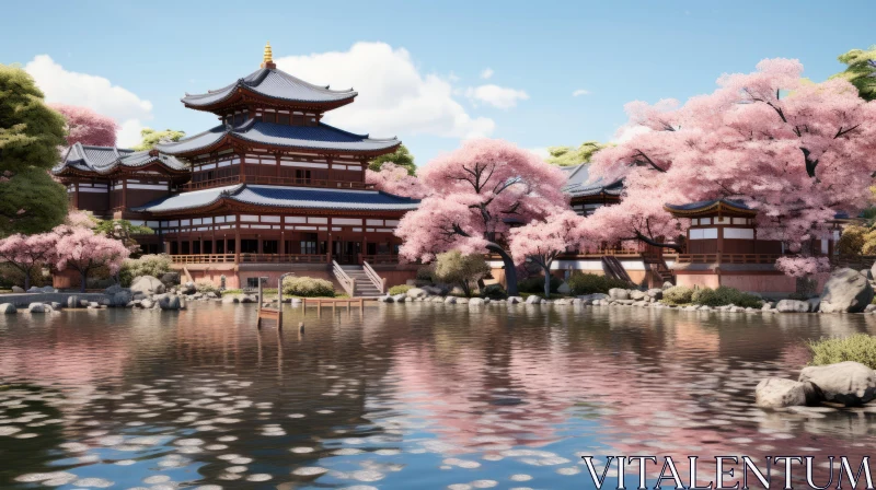 Serenity Embodied: An Asian Temple Amidst Blooming Cherry Trees AI Image