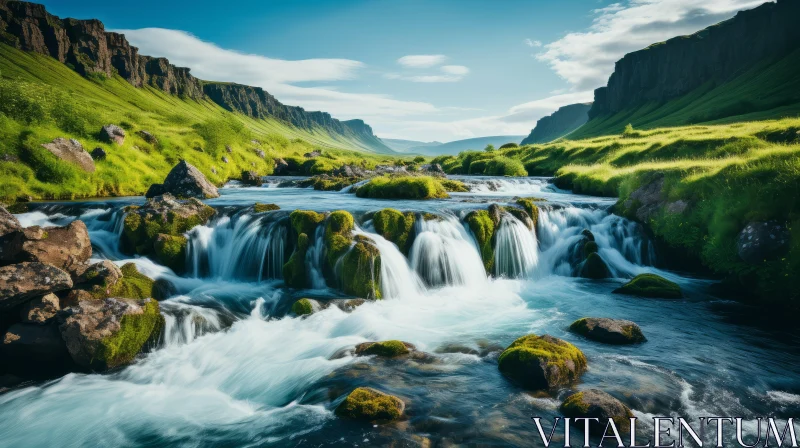 Serenity of Nature: A Tranquil River Flowing Through Green Valleys AI Image