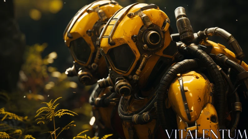 Yellow Robot in Deep Woods - A Fusion of Technology and Nature AI Image