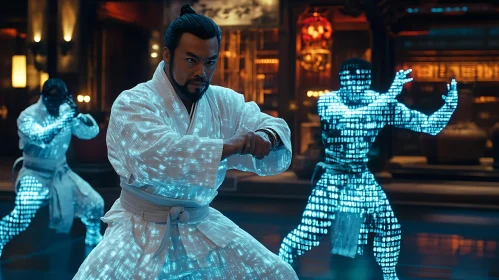 Glowing Warrior in Cyberpunk Dojo