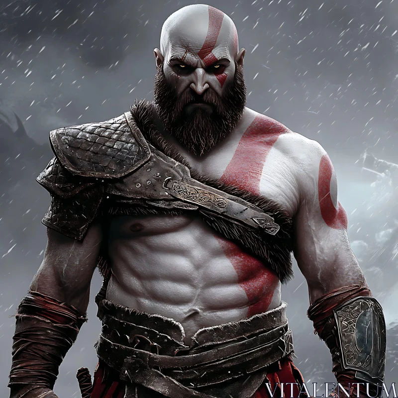 Stoic Warrior in Falling Snow