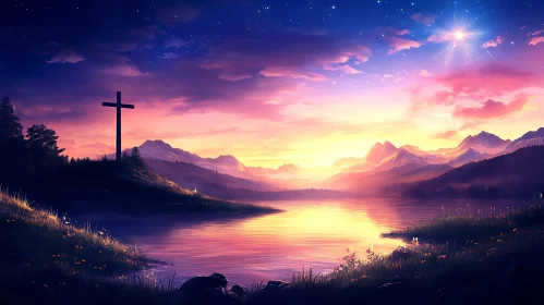 Lakeside Sunset with Mountain Backdrop