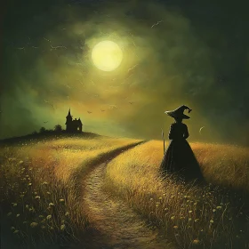 Moonlit Witch in Field Illustration
