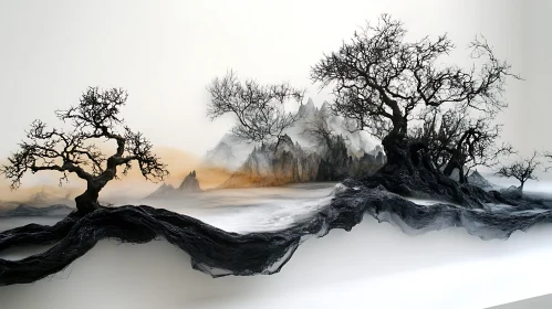Misty Mountain Tree Silhouette Artwork