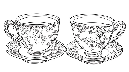 Pair of Floral Teacups Outline Drawing