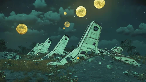 Tranquil Night Scene with Crashed Spaceship