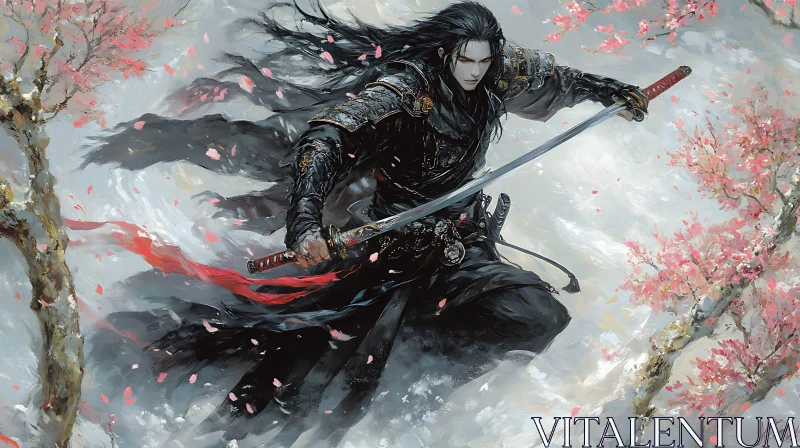 Samurai with Katana in Cherry Blossom
