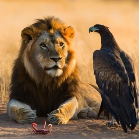 Wildlife Scene with Lion and Eagle
