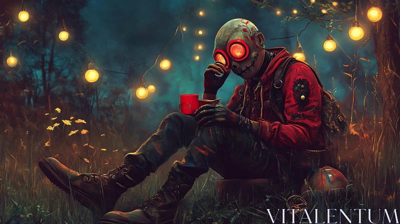 Pensive Masked Character with Red Cup
