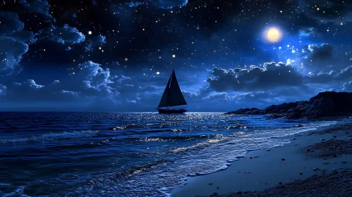 Moonlit Sailboat on a Starry Night