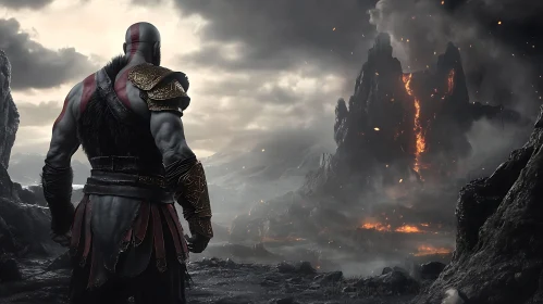 Epic Warrior Overlooking Fiery Mountains